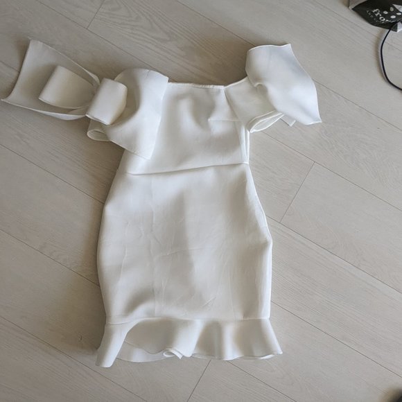 MISSGUIDED - Scuba Ruffle Bow Bardot Mini Dress - Picture 1 of 12